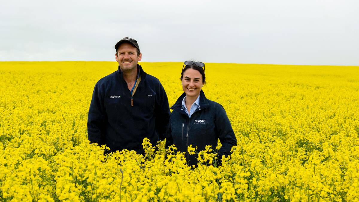 Central wheatbelt, Western Australia farmer Scott Walker, who is amongst the first to grow BASFs new InVigor line together with Caroline Dix, broadacre crop specialist. Photo courtesy of BASF. 
