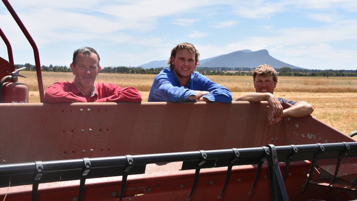 Greg Featherston (left), Moutajup, with local contract harvests Vincent Huf (centre) and Paul Mibus with a paddock of Accroc wheat. Mr Featherston said the crop was one of the highest yielding he had grown.Photo: Gregor Heard.