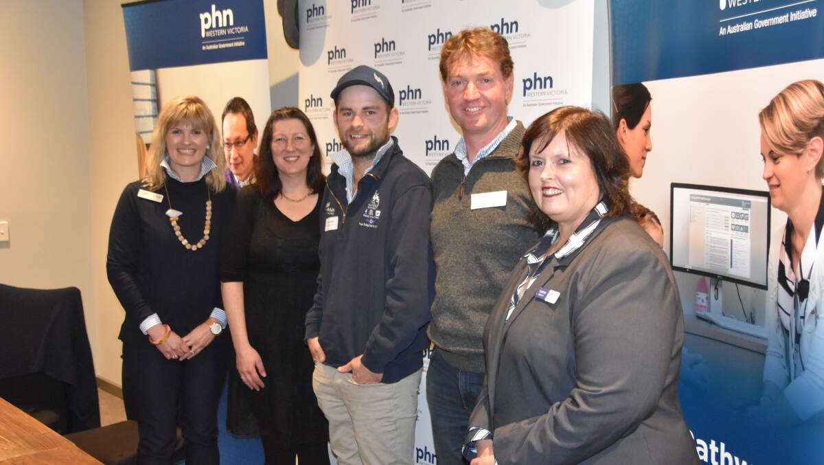 Tam Phillips, National Centre for Farmer Health, Kate Graham, Western Victoria Primary Health Network researcher, the Naked Farmer Ben Brooksby, Rohan Gunning, Coleraine farmer and Leanne Beagley, Western Vic PHN chief executive at the health pathways launch in Horsham last week.