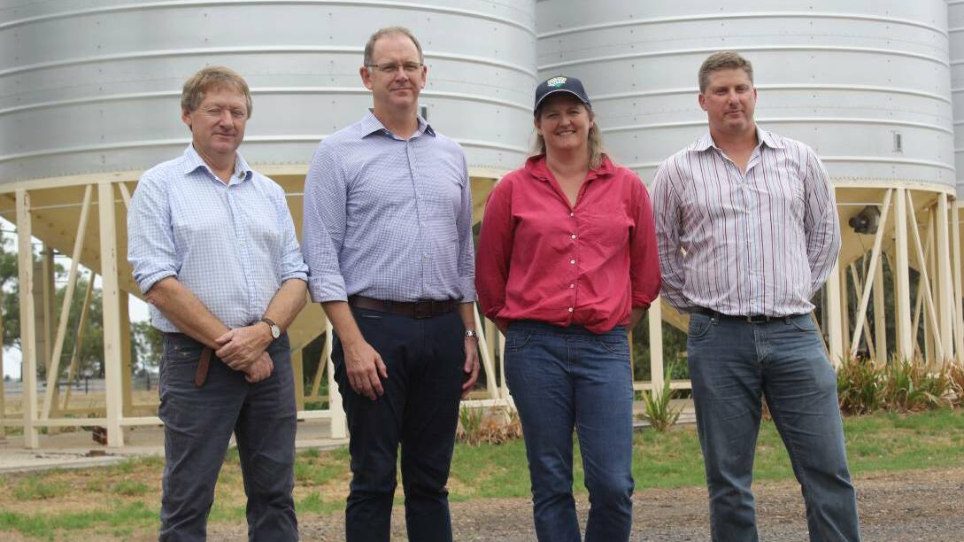 NSW Farmers Association grains committee chair Matthew Madden, Port of Newcastle chief executive Craig Carmody,NSW Farmers Association treasurer Rebecca Reardon and Port of Newcastle development manager Darryn Costanzo meet at Moree last week. Photo: Moree Champion. 