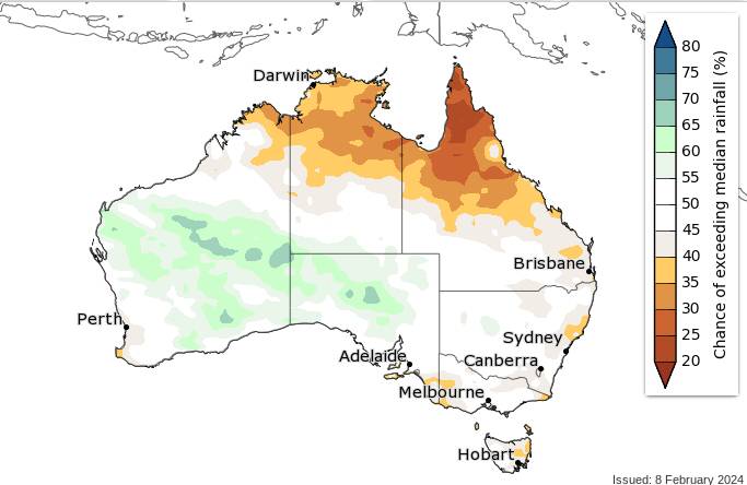 The April to June outlook is far more neutral for southern Australia than the March-May forecast. Source: Bureau of Meteorology.