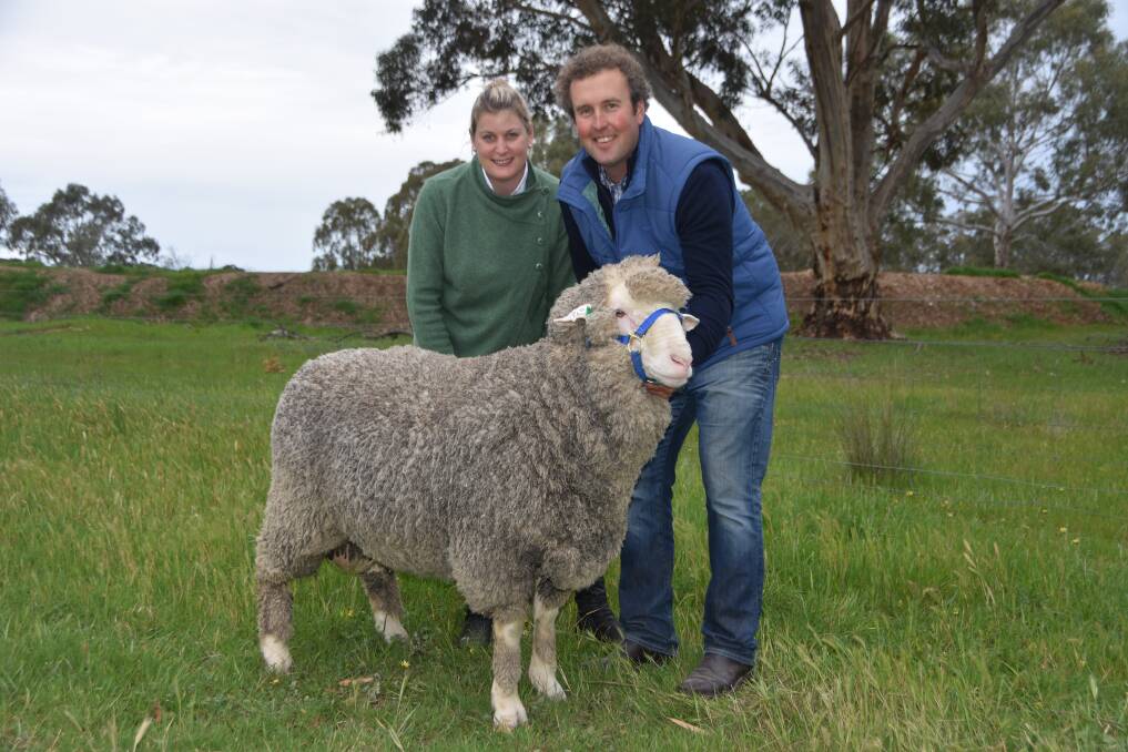 Kate and Trent Carter with the top price ram at last week's on-farm Wallaloo Park ram sale at Marnoo, Victoria.
