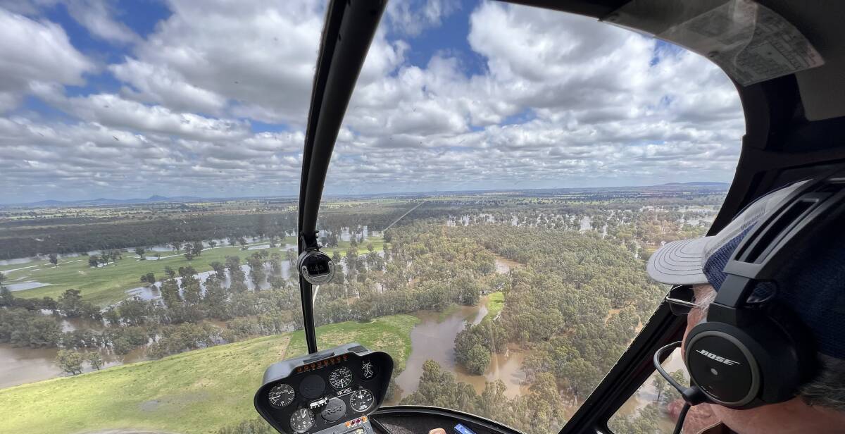 A bird's eye view from a helicopter highlights the extent of the flooding in the Riverina. Photo: Sam Triggs.