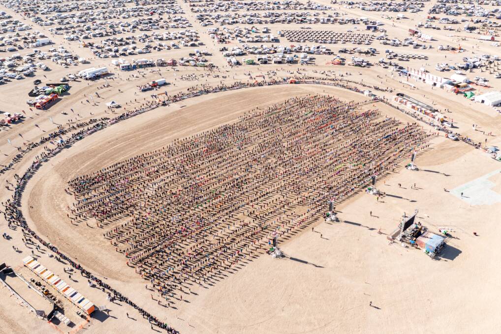 An aerial view of the record Nutbush attempt at The Big Red Bash, Birdsville.