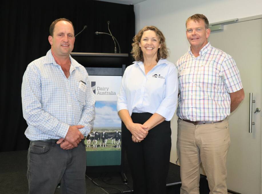 Western Dairy's new vice-chairman Andrew Jenkins (left), regional manager Julianne Hill and new chairman Robin Lammie after the annual meeting.
