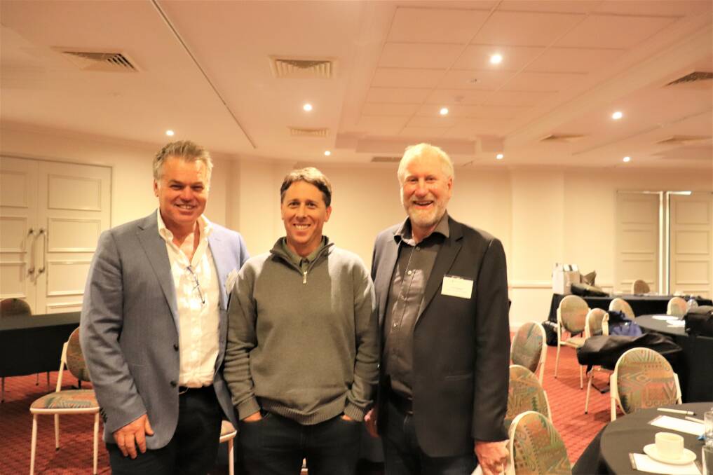Former dairy council presidents Mike Partridge (left) and Phil Depiazzi (right), with dairy council member Warrick Tyrrell at last week's annual WAFarmers' Busselton dairy conference, returning after not being able to be held last year because of COVID-19.
