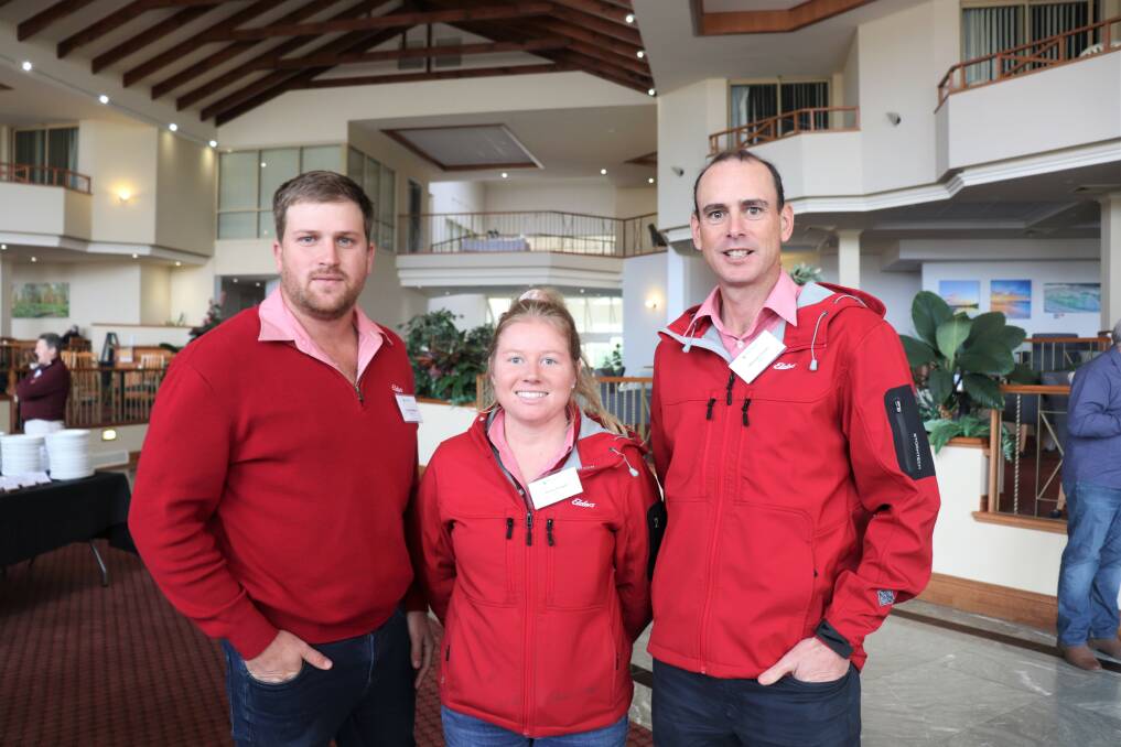 Elders livestock representatives at the dairy conference included Busselton, WA, agent Jacques Martinson (left), trainee Emma Dougall and South West livestock manager Michael Carroll.