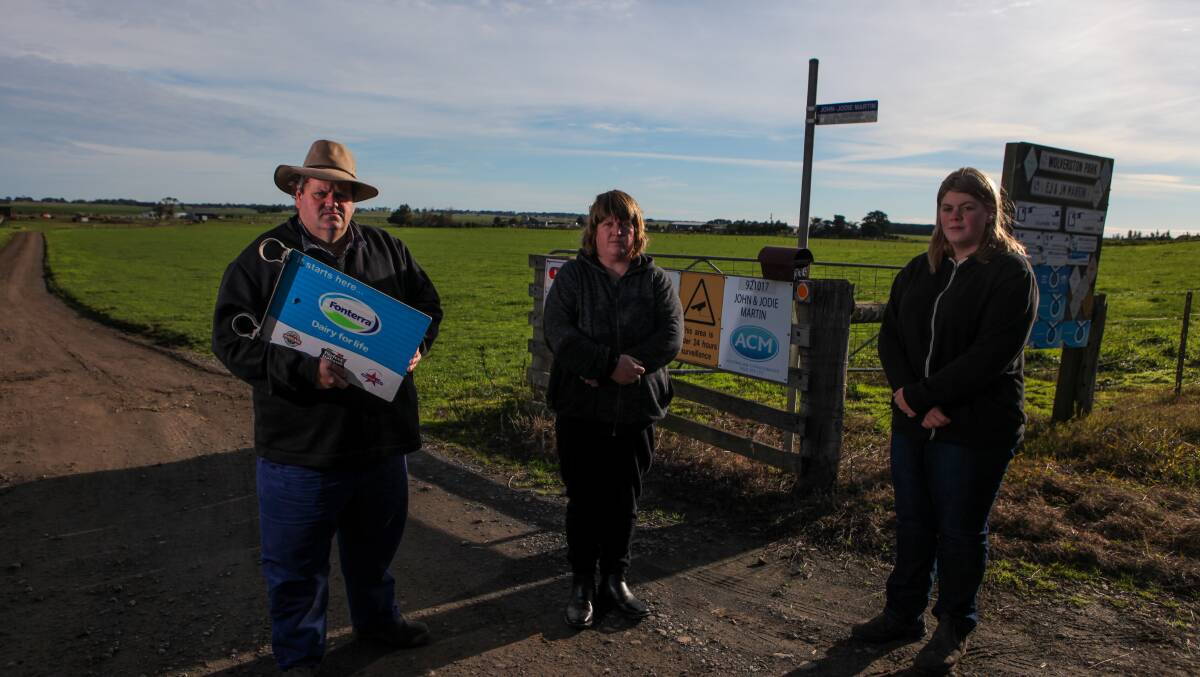 LEAVING FONTERRA: Irrewarra, Vic, dairy farmer John Martin, with his wife Jodie and daughter Rachael, is leaving dairy processor Fonterra after the family has been supplying the dairy giant, and its predecessors, for nearly 100 years. Photo by Rob Gunstone.