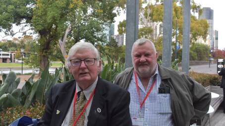 WESTERN REPRESENTATIVES: Ian Morris, Cobden, caught up with Bruce Knowles, Tyrendarra, at the first conference in 36 months.