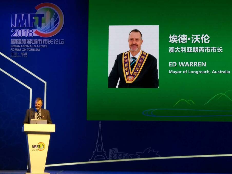 Longreach mayor, Ed Warren, addressing the international mayors' forum in China. He said pursuing Sino-Australian tourism was a great opportunity for western Queensland communities because because it meant that for tourism to grow there must be an imperative to develop locally significant experiences.