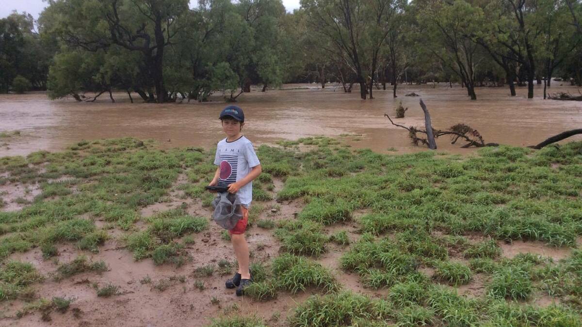 Rising tide: Jack Black checking rising water levels in Port Wine Creek, east of Alpha, after 126mm overnight. Picture: Ann Comiskey.