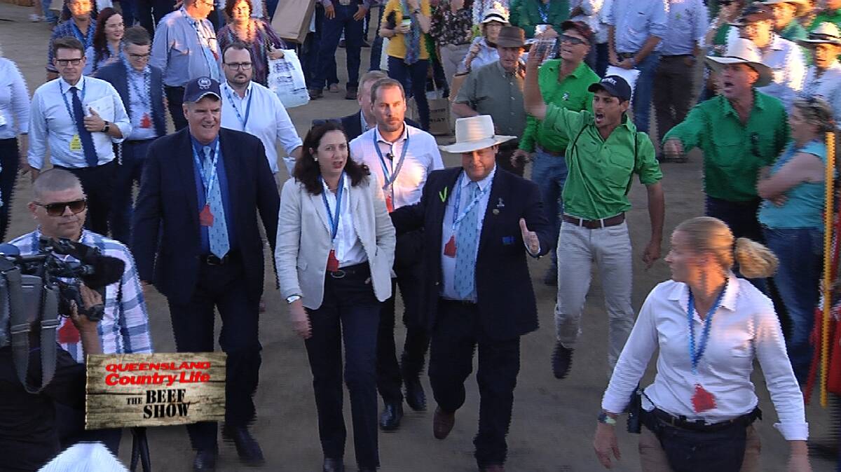 Premier Annastacia Palaszczuk being escorted to the Beef Australia 2018 opening ceremony by chairman, Blair Angus.