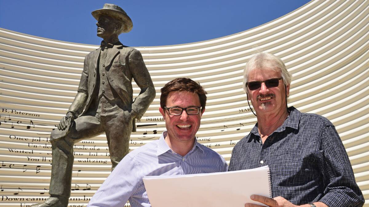 Coming back: Federal Member for Maranoa David Littleproud and Winton Shire Council mayor Butch Lenton celebrate the Coalition government’s $8 million contribution to rebuild the iconic Waltzing Matilda Centre after it was destroyed by fire last year.