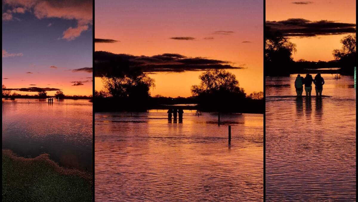 Chelsea Holton, Canberra, and her two companions wading across the flooded Diamantina River at sunset to reach their beds at Birdsville. Pictures: supplied
