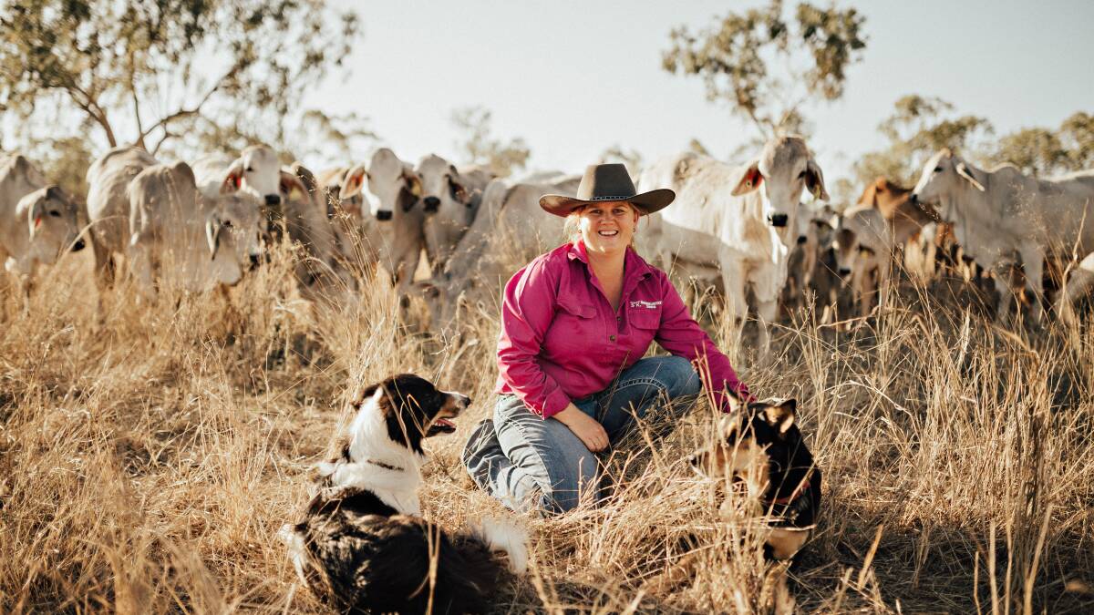 Kylie Stretton at home at Red Hill with some of the Brahman herd and working dogs. Picture - Vicki Miller Photography.