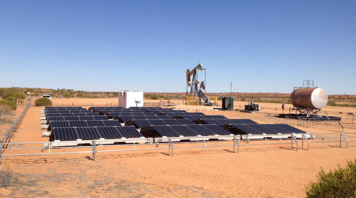 Another view of the solar panels powering a crude oil beam pump in an Australia-first trial.