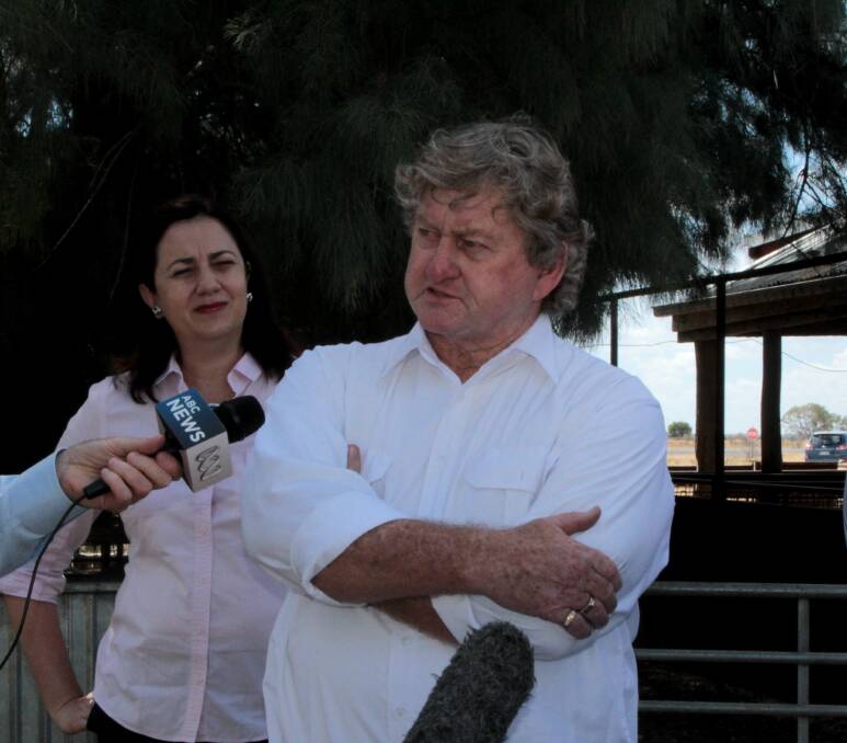 Vaughan Johnson speaking his mind to the media in Barcaldine during the announcement by Premier Annastacia Palaszczuk that he was taking on a role as a state wild dog coordinator. Picture - Sally Cripps.