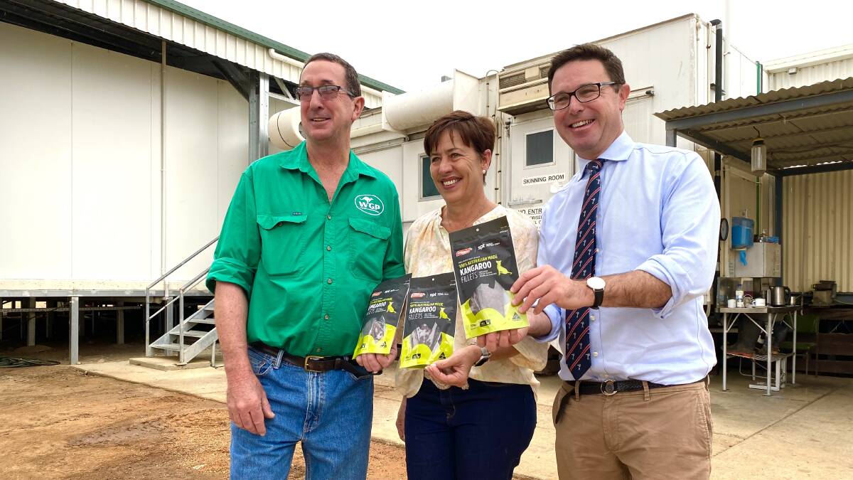 Ben and Liza Cameron, Western Game Processing, with Maranoa MP David Littleproud at Saturday's announcement. Pictures supplied.