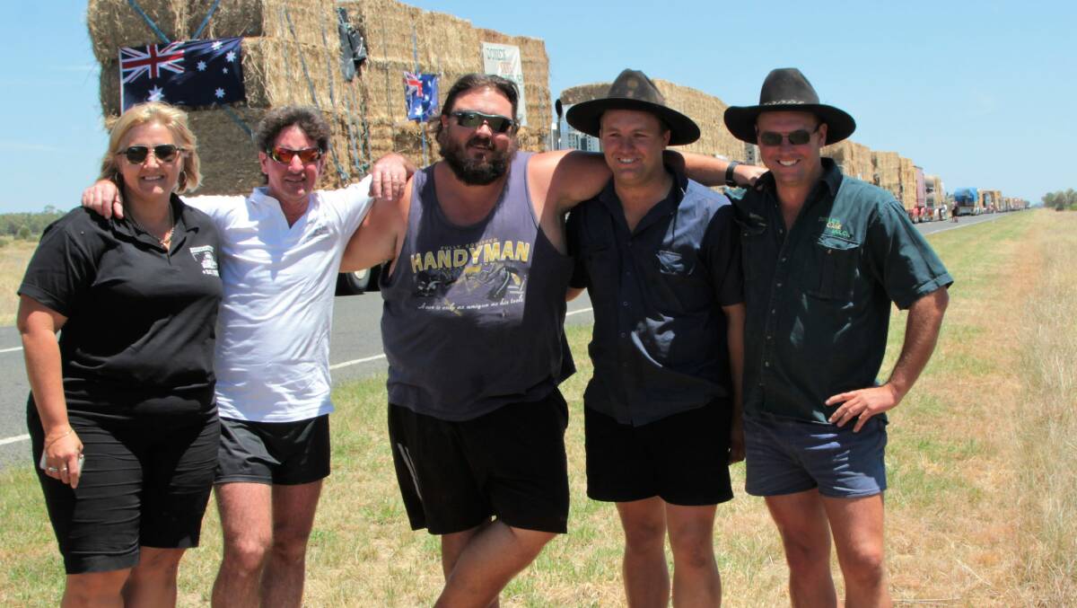 Maryborough hay donors on the third trek to Queensland's central west - Andy and Rod Hamilton, Brett Rasmussen, and Adam and Nathan Doyle - who between them were driving five trucks loaded with 270 bales for the drought relief effort.