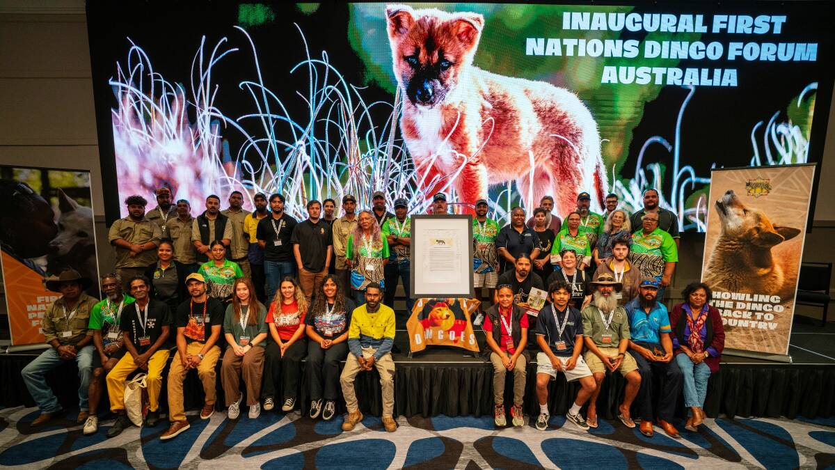 First Nations attendees with the signed National First Nations Dingo Declaration. Picture: Gus Burrows