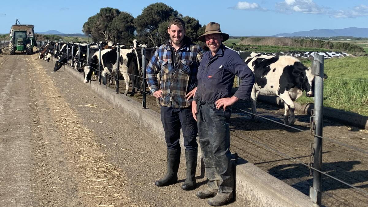Angus and Stu Tracy use breeding as a tool to improve the sustainability of their family's Victorian dairy farm and have progeny bred from high ranking Sustainability Index sires sold by ABS Australia. Picture supplied by ABS 