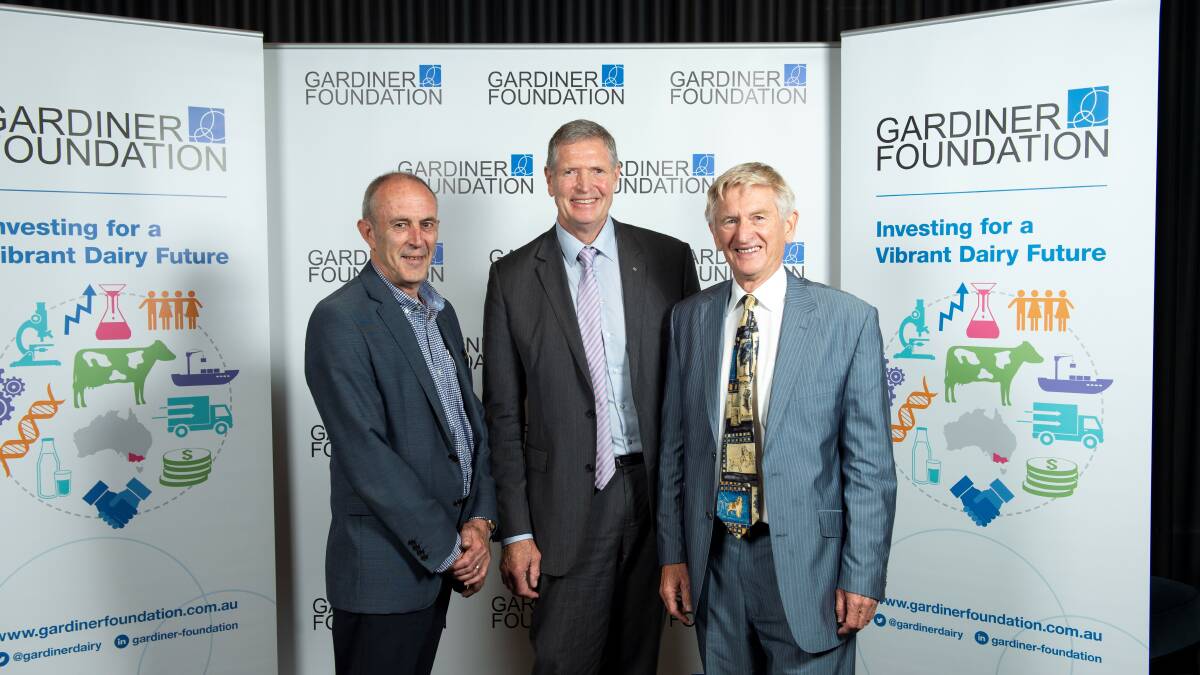 Gardiner Dairy Foundation chief executive officer Dr Clive Noble, retiring chair Dr Bruce Kefford and new chair Dr Len Stephens.
