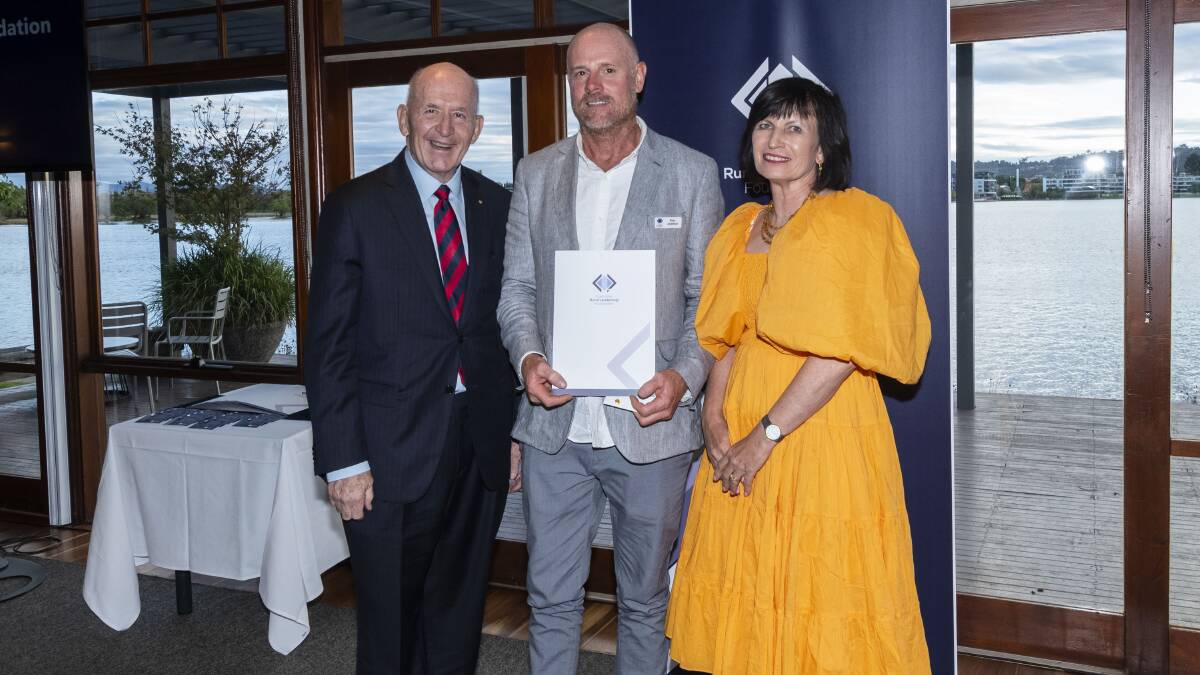 Denison, Vic, dairy farmer Ross Anderson (centre) learnt the empowering value of stepping out of his comfort zone in the Australian Rural Leadership Program. He is pictured with former Governor General Sir Peter Cosgrove and ARLF director Margaux Beauchamp.