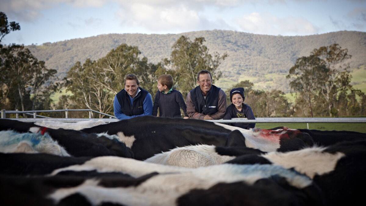 FAMILY FARM: Sarah and Stuart Crosthwaite with their children, Otto and Indi at home on their Kergunyah South, Vic, dairy farm.