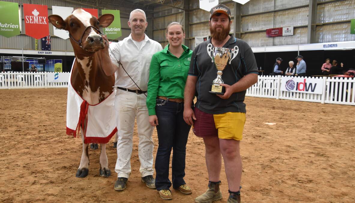 The 2023 International Dairy Week Australian grand champion cow Ayrshire Paschendaele Klassy Tri Time with leader Brian Carscadden and co-owners Imogen Steiner and Karl Munden, Nilma North, Vic. Picture by Carlene Dowie