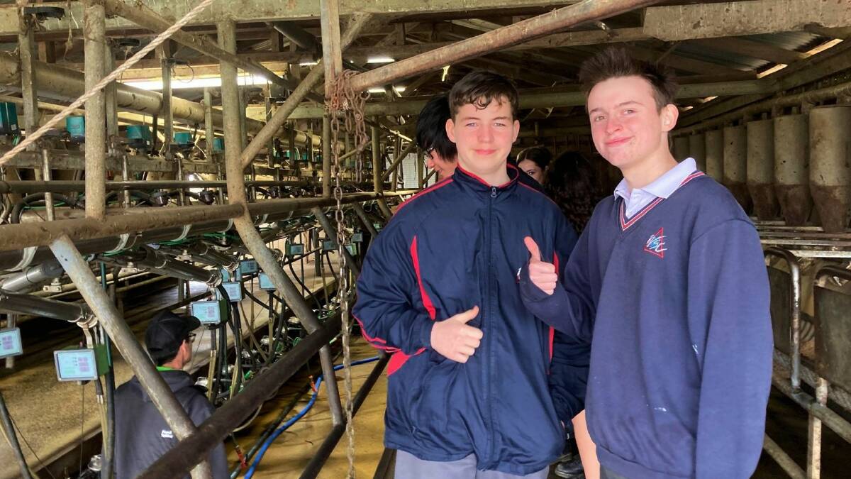 Bass Secondary College students Jedd Alexander-Hicks and Jaidan Burns-Kozlovskis give the EXCITED 4 Careers in Agriculture program the thumbs up. Picture supplied by CQUniversity
