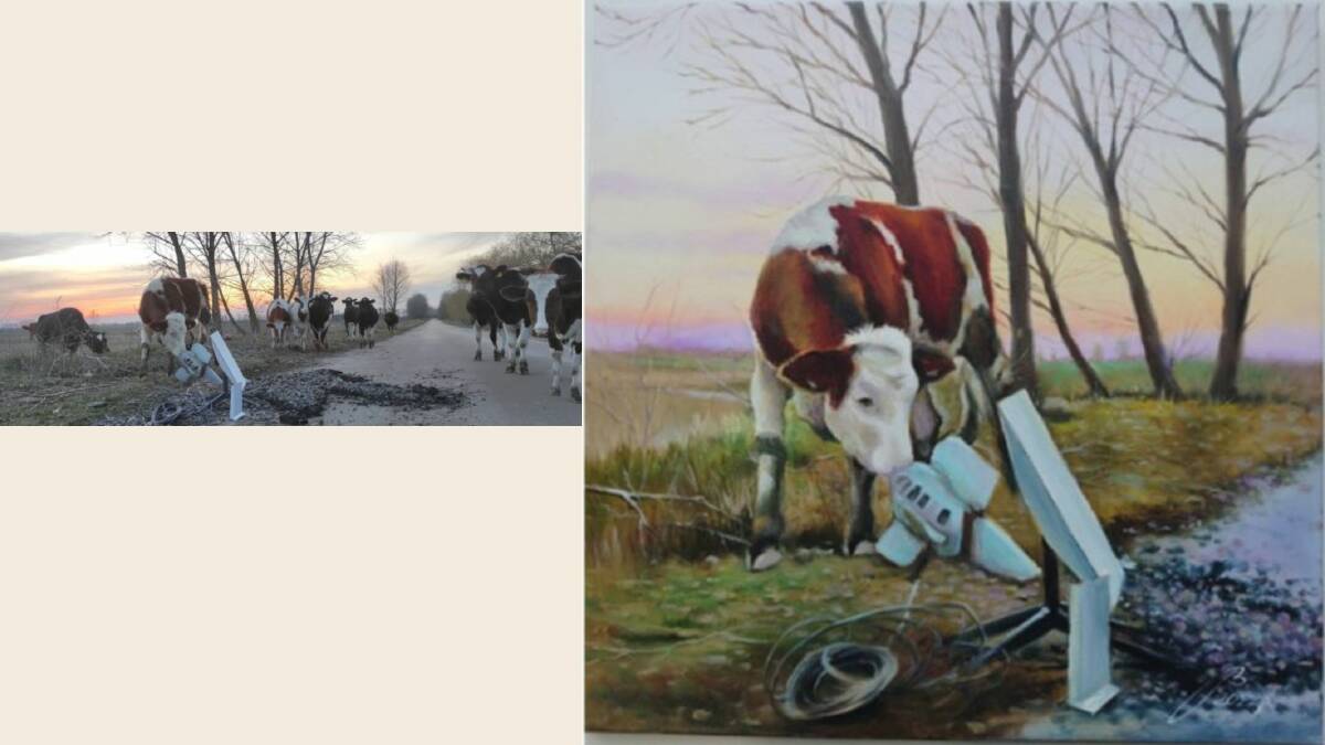 The artwork (at right) to be auctioned at the Australian Dairy Conference and the photo that inspired it (at left). Pictures supplied