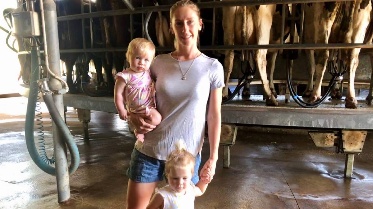 LEADER: Laura Sutherland with her two young daughters, Eleanor and Rosie, on the family farm at Tallandoon, Vic.