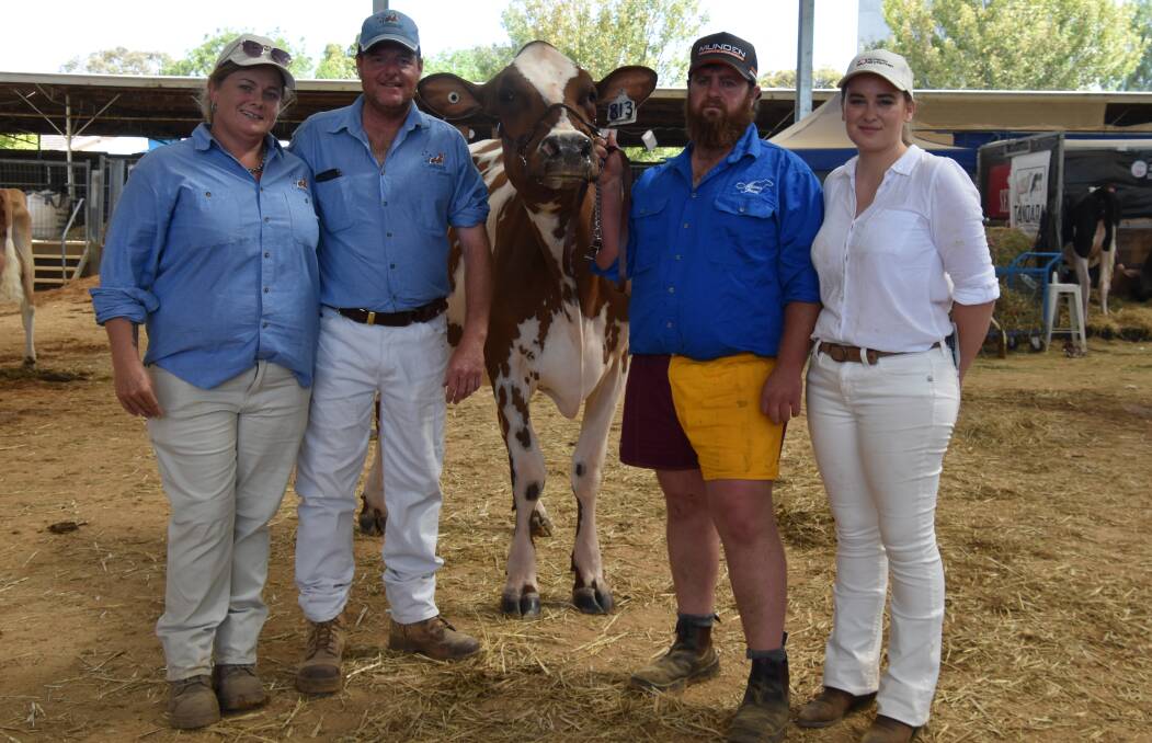 The 2023 International Dairy Week Ayrshire grand champion Paschendaele Klassy Tri Time with owners Ellen Zell and Steve Eagles, from Gooloogong, NSW, and Karl Munden and Imogen Steiner, from Nilma North, Vic. Picture by Carlene Dowie