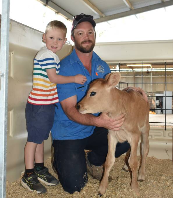 Andrew Rushton, with son Brodie 4, Benlock Jerseys Rochester, Vic, has used genomics, sexed semen, and the Balanced Performance Index to increase the genetic merit of his family's dairy herd. Picture supplied by DataGene