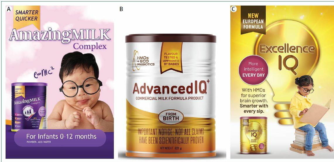 The Lancet report featured this artwork illustrative of infant formula packaging from around the world that made or implied claims about intelligence and intelligence quotient. Any resemblance to actual product packaging is coincidental. Image supplied by Lancet. 