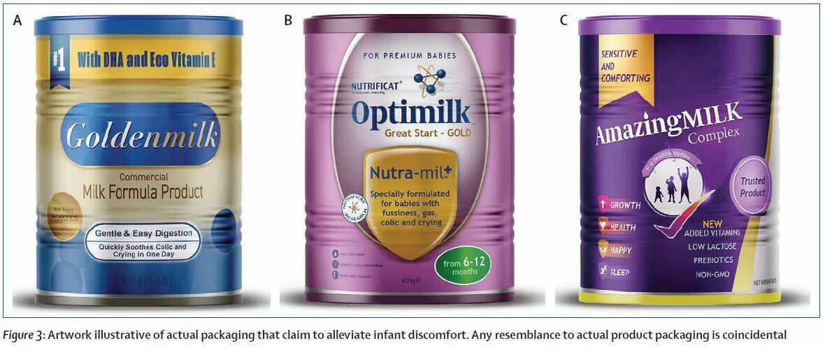 The Lancet report featured this artwork illustrative of infant formula packaging from around the world that claimed to alleviate infatn discomfort. Any resemblance to actual product packaging is coincidental. Image supplied by Lancet. 