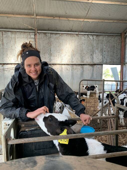 Heywood, Vic, dairy farmer Katrina McRae on farm with calves. Picture supplied