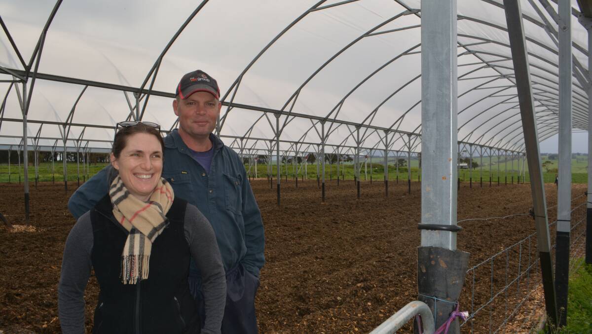 SHELTER: Zoey and Andrew Vogels in the new shelter on their south-west Victorian farm.