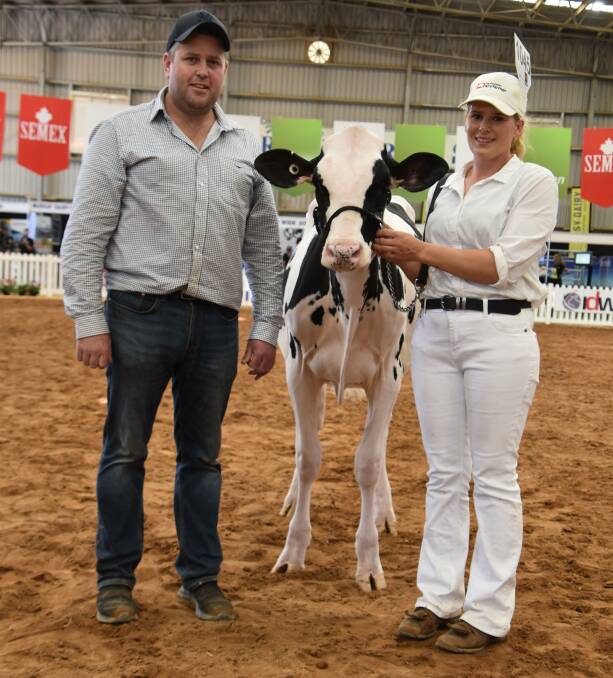 The 2024 International Dairy Week interbreed junior champion Gorbro Hano O Princess with owner Glen Gordon and leader Kelly Bleijendaal. Picture by Carlene Dowie