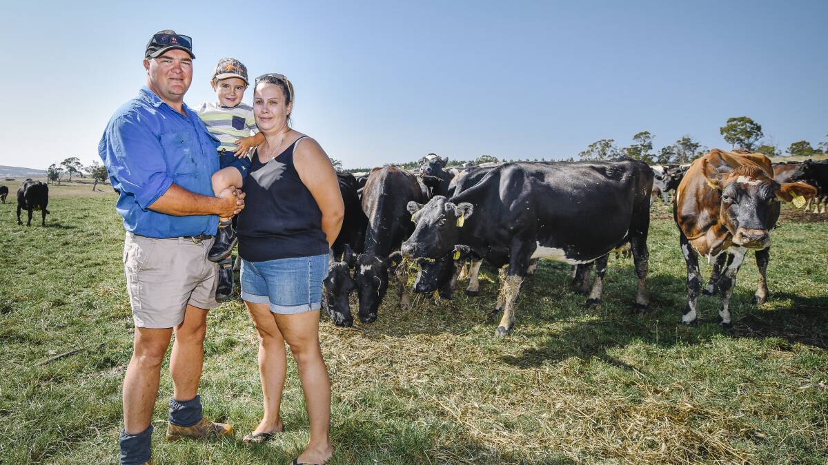 AWARDS: Woodrising Dairies has been nominated as a finalist in Tasmanian Dairy Awards. Troy Ainslie and son Albie, 4, and wife Toni run Woodrising Dairies. Picture: Craig George 