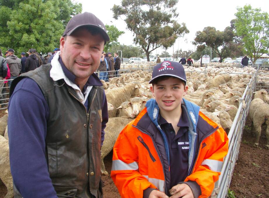 Shane Bibby and son Jaxon of Navarre sold a line of Sohnic-blood young ewes which averaged $190/head at Wycheproof store sale. 