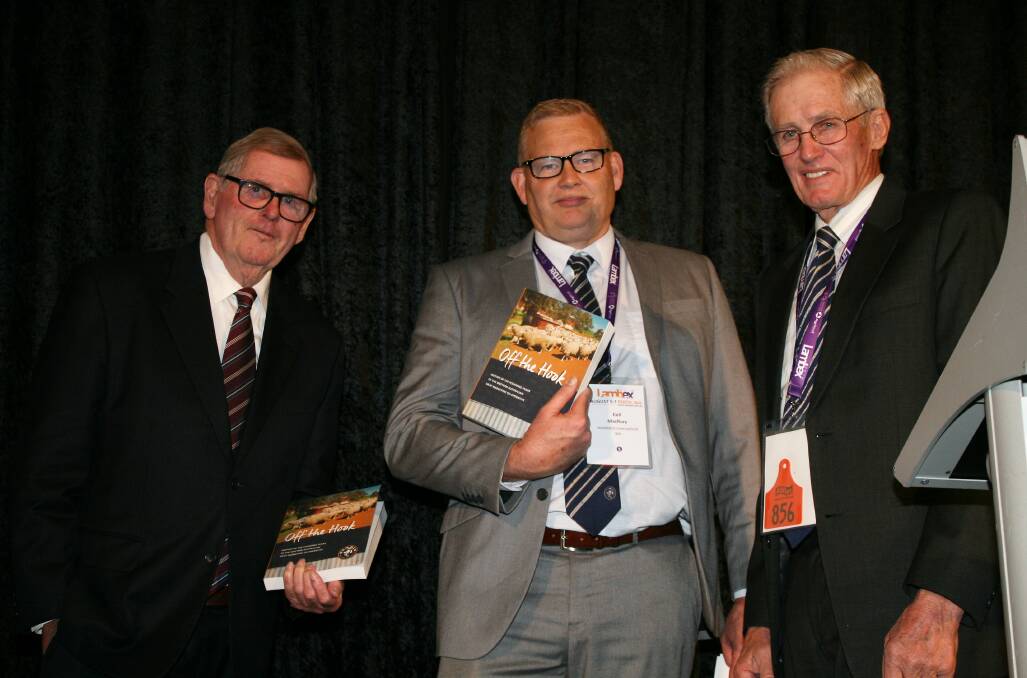 Local rural journalist Geoff Gare (left), WAMMCO chief executive officer Col MacRury and former chairman Dawson Bradford, launching 'Off the Hook' which details WAMMCO International's history from its foundations in 1999.