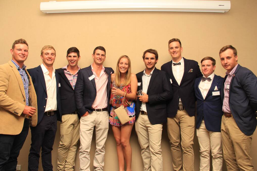 The 2017 Bachelors Mac Gray, Jordan Lowe, Jamie Deshon, Dennis Rush, Bryce Moore, John Maunder, Beau Whip and Bachelorette Anna Maguire with auctioneer Lincoln McKinlay, TopX. 