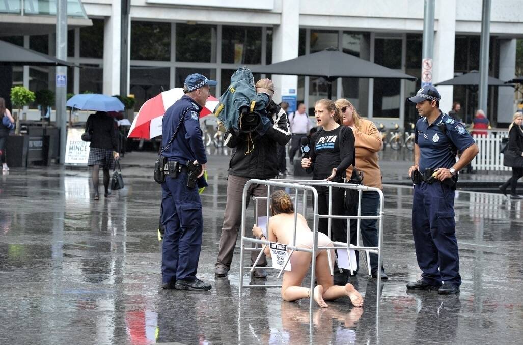 OUT IN THE COLD: A near-naked PETA protester draws the attention of police in Brisbane's King George Square. 