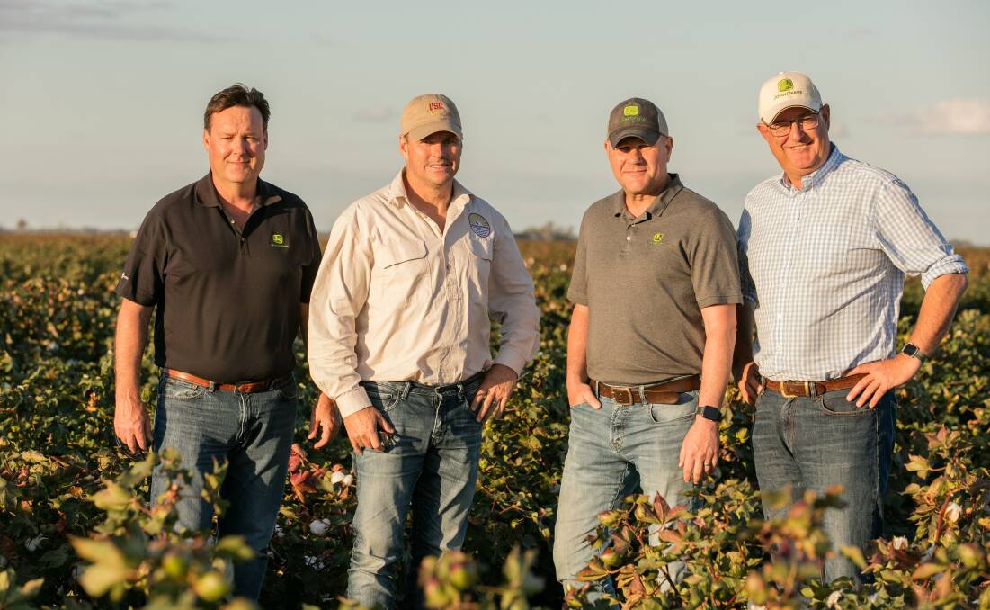 John Deere global director, cotton and sugar production, Travis Becton, Sundown Pastoral Company owner, David Statham, John Deere cotton production system manager, Steve Young and John Deere project engineer, Broughton Boydell at Keytah, Moree.
