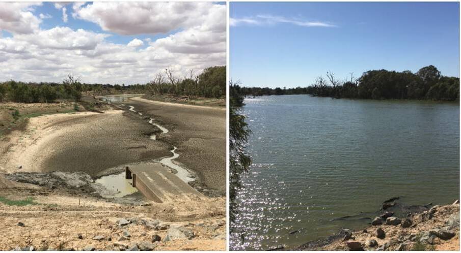Before and after photographs of Lake Wetherell after the first flows hit the system two weeks early from rainfall in NSW and Queensland. Photo: WaterNSW