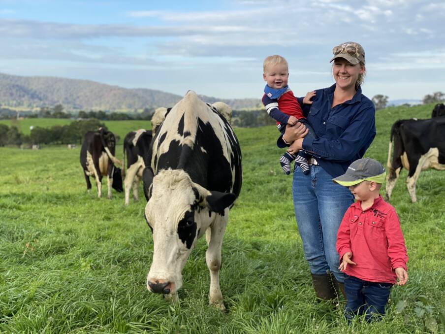 Brodie Game who runs Blackjack Holsteins with her husband Kevin at Bemboka on the South Coast. She is pictured with her children Roy, three, and eight-month-old Harry. Photo: Kevin Game