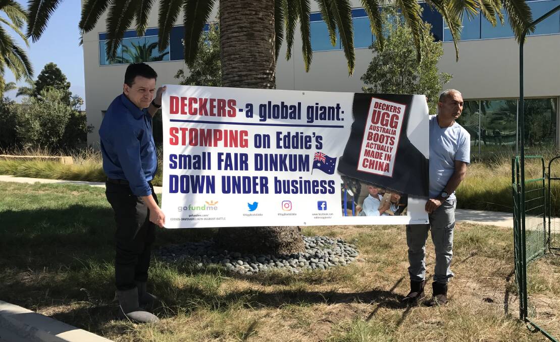 Senator Nick Xenpohon with Eddie Oygur protesting outside Deckers in California.
