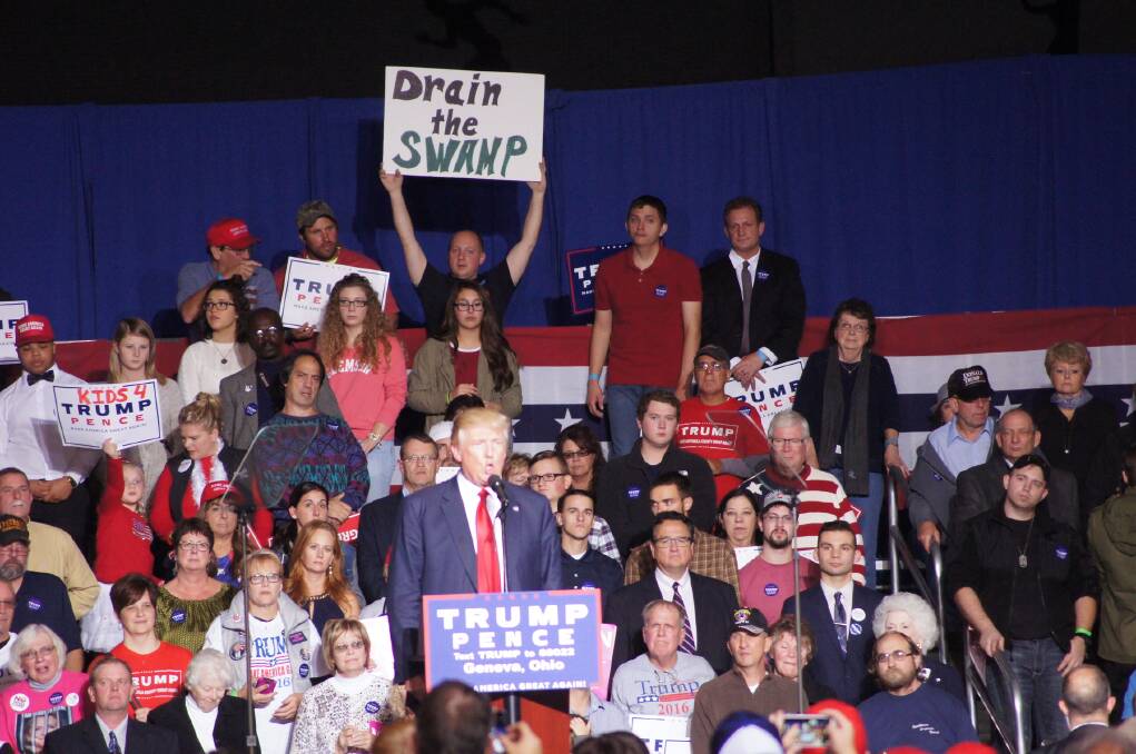 Donald Trump speaking at a rally in rural Ohio during his election campaign during which he provided little detail, about agriculture policy.