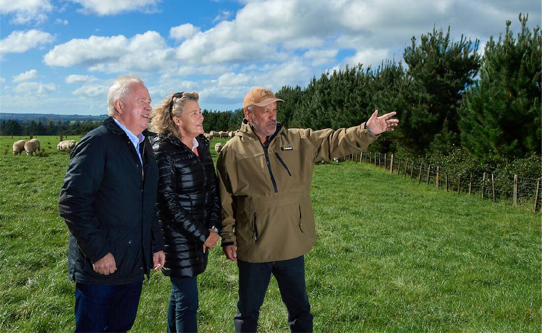 AFPA Chair Greg McCormack (left), NFF President Fiona Simson and NZ farmer Geoff Rolleston looking at the farm forestry operations on his property near Rotorua.